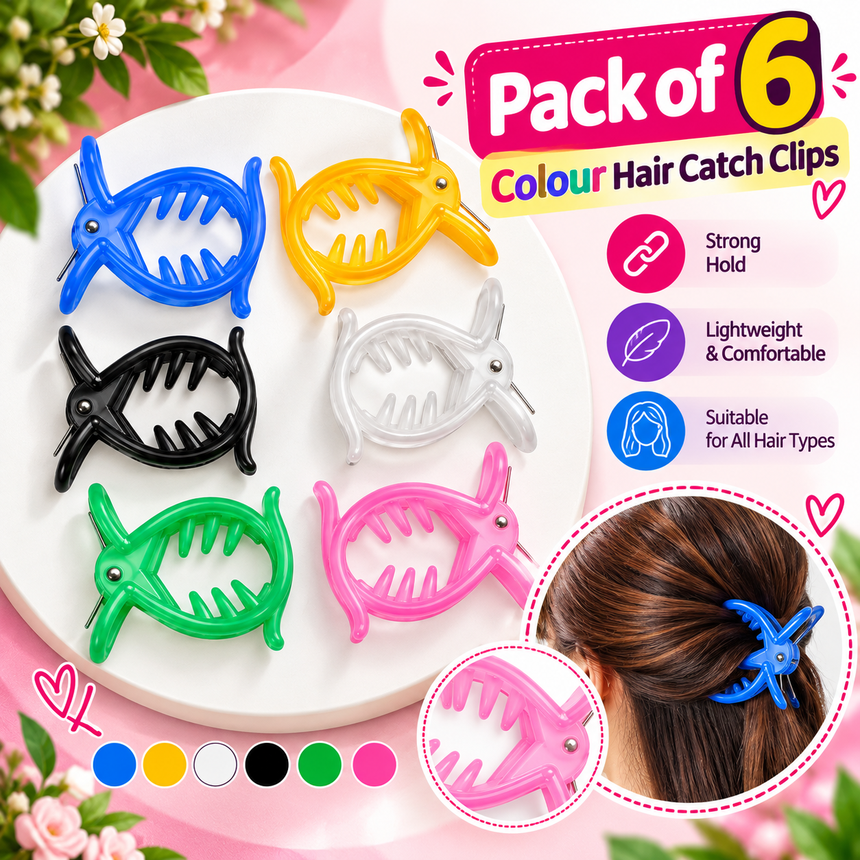 Multicolour Hair Claw Clips - Pack of 6 Different Colours - Image 1