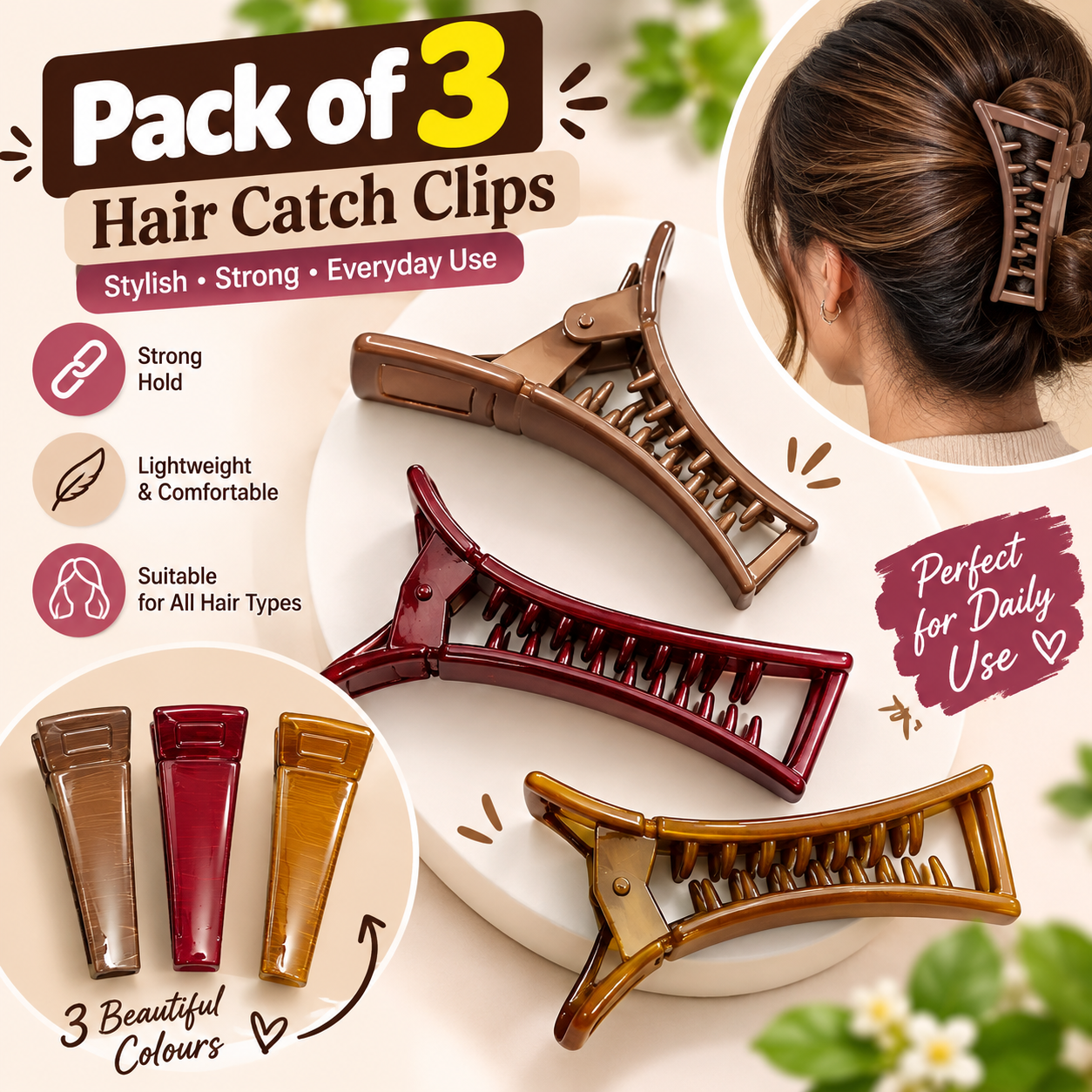 Hair Claw Clips - Pack of 3 Different Patterns - Image 1