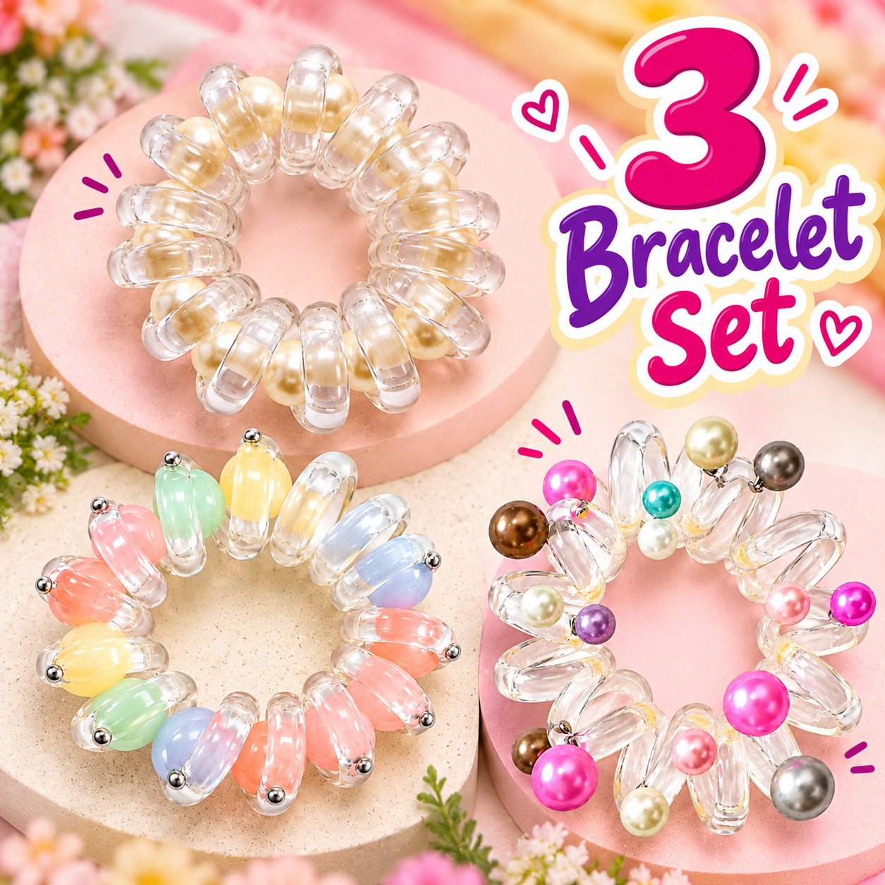 Pastel Pearl Beaded Spiral Hair Rubber Band Pack of 3 – Stylish Elastic Coil Ponytail Holder for Women and Girls | No Crease Telephone Wire Hair Tie - Image 1
