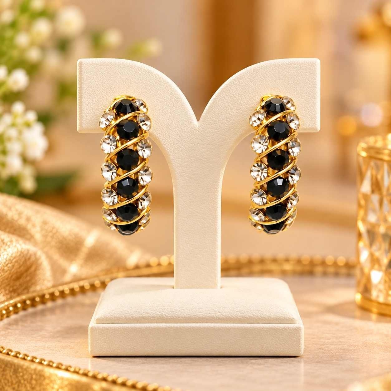 Black Stone Earrings in Gold | Half Moon Black Stone Earrings for Women | Small Black Stone Half Circle Hoop Earrings | 1Pcs - ER001 - Image 1