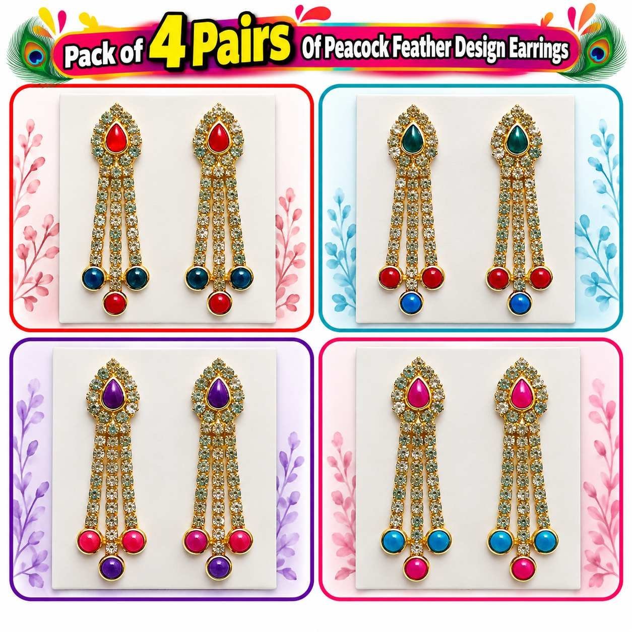 Pack of 4 Pairs Peacock Feather Design Modern Stone Kammal - Image 1