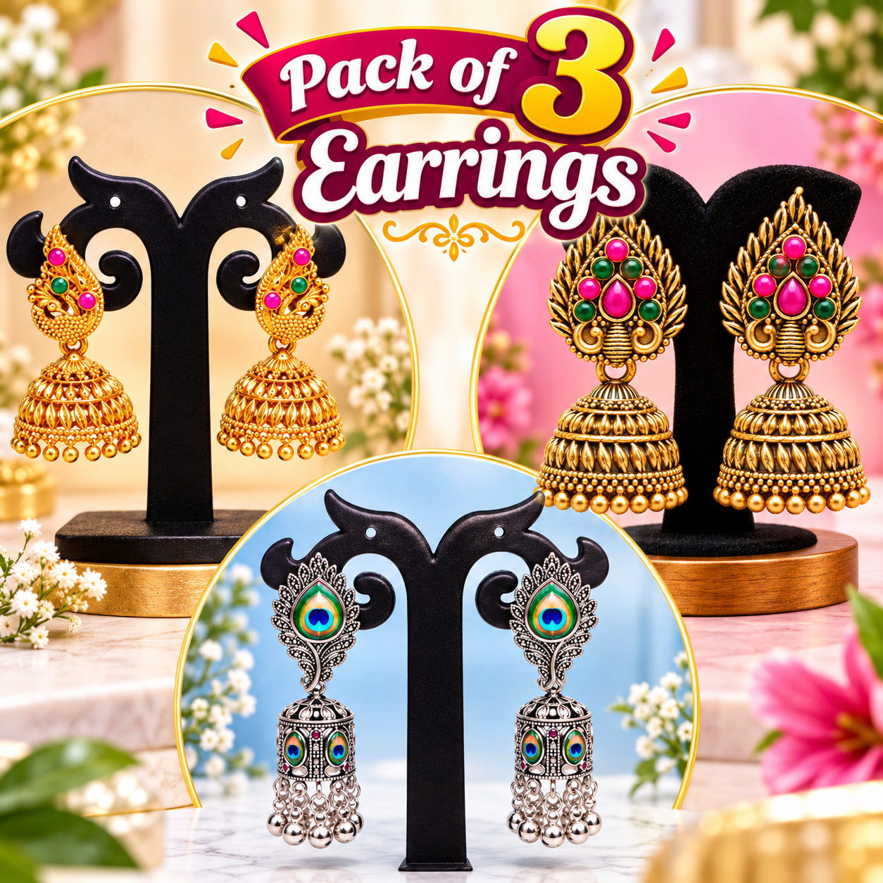 Traditional Earrings Pack of 3 | Attractive Jimikki Earrings 3 Designs Set - Image 1