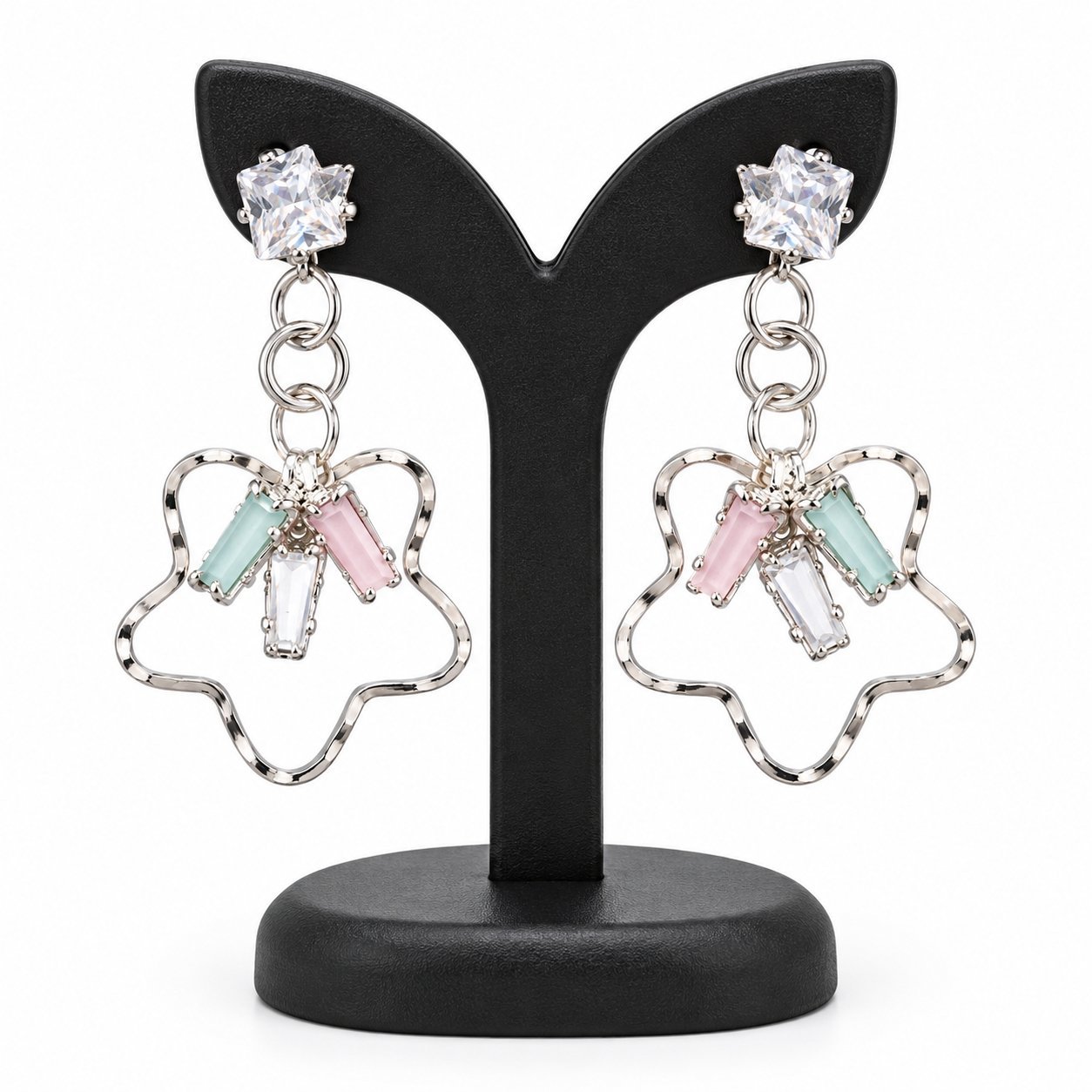 Crystal Flower Drop Earrings for Women – Silver Tone Pastel Stone Hanging Earrings - Image 1