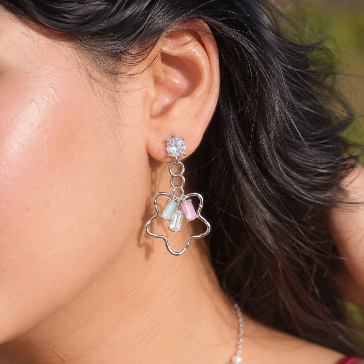 Crystal Flower Drop Earrings for Women – Silver Tone Pastel Stone Hanging Earrings - Image 2