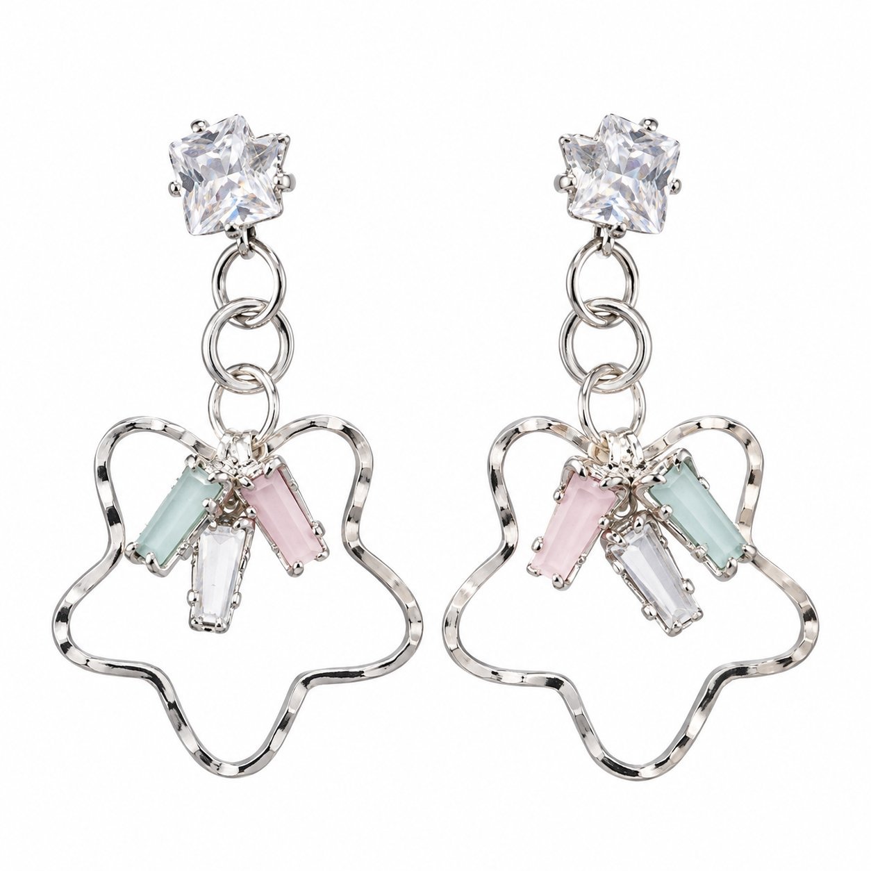 Crystal Flower Drop Earrings for Women – Silver Tone Pastel Stone Hanging Earrings - Image 3