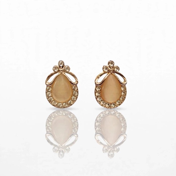 Teardrop Cat Eye Stud Earrings | Opal Stone with Gold Plated Crystal Border - Image 3