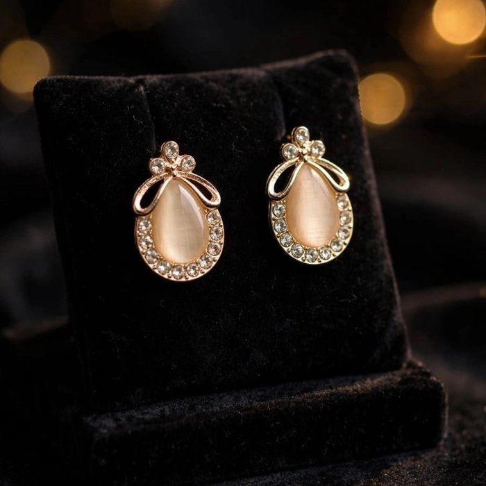 Teardrop Cat Eye Stud Earrings | Opal Stone with Gold Plated Crystal Border - Image 2