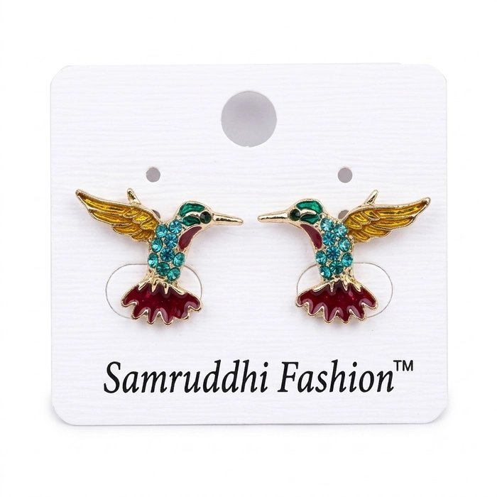 Multicolour Hummingbird Stud Earrings for Women | Gold-Tone Enamel Bird Earrings - Image 1