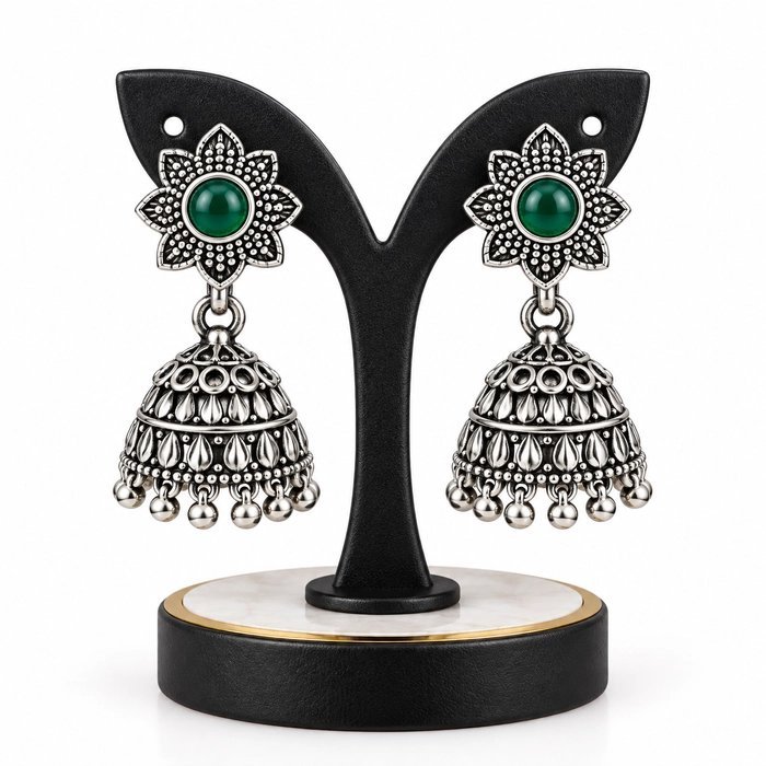 Green Stoned Silver Jimikki Earring - Image 1
