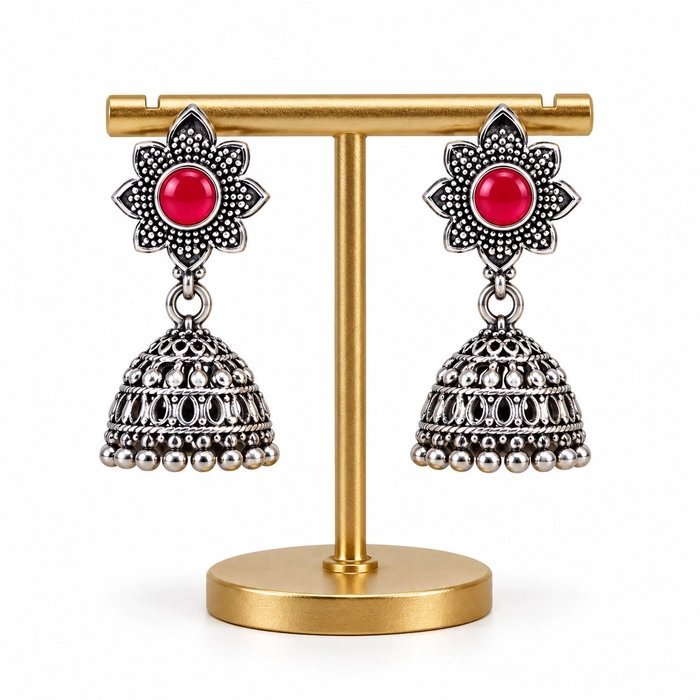 Red Stoned Silver Jimikki Earring - Image 1
