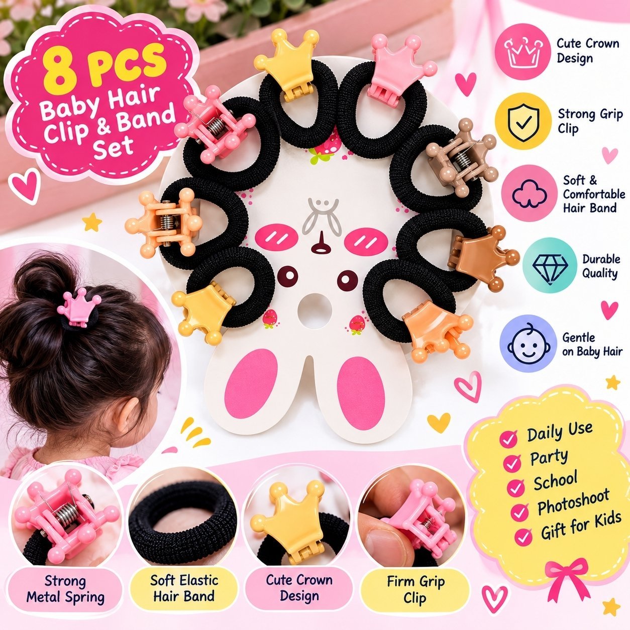 Baby Hair Clips and Band Set Black with light Colour - Image 2