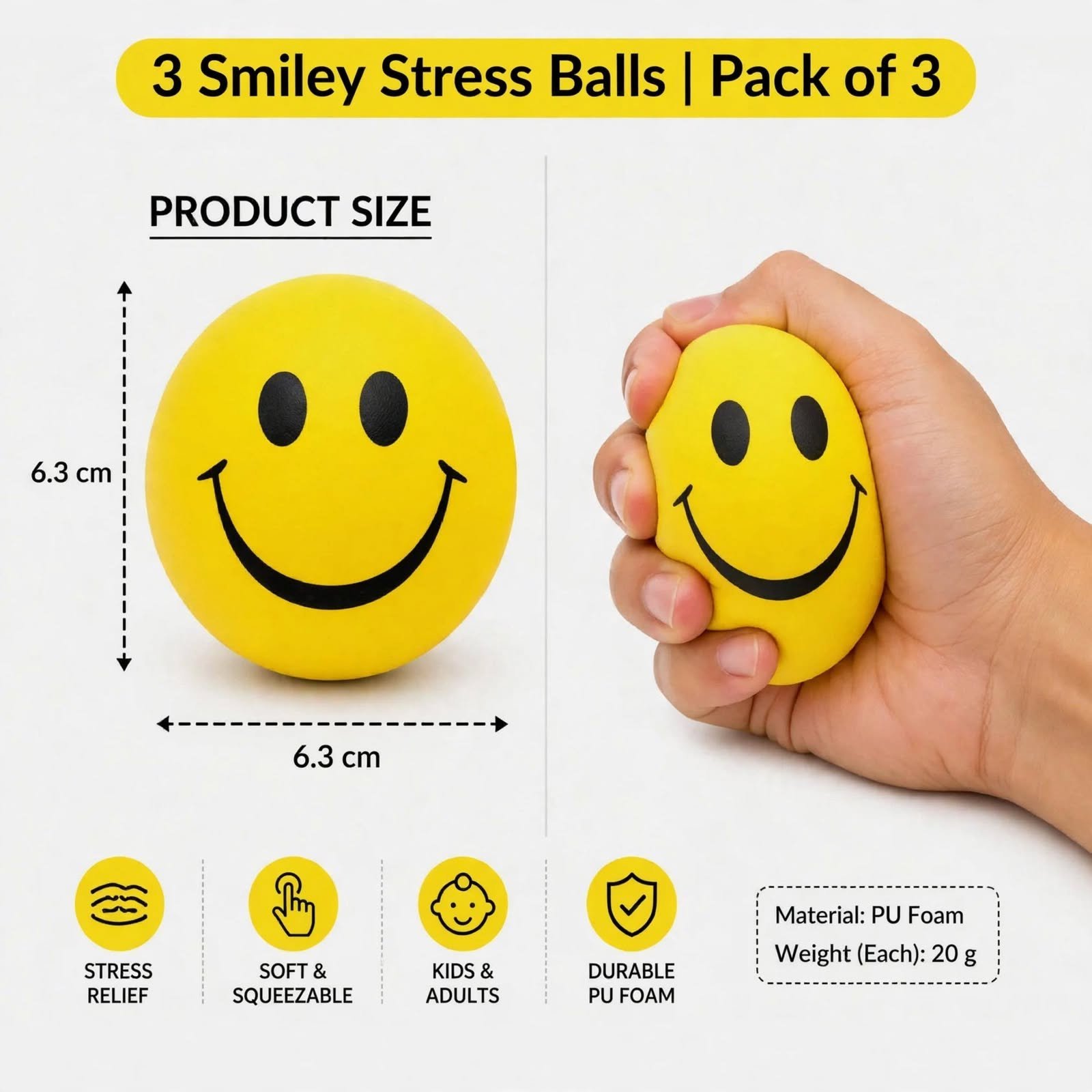 3 Smiley Stress Balls - Yellow Smiley Face Squeeze Balls for Stress, Anxiety, Anger Relief | Soft & Durable PU Foam Balls for Kids, Office, Party Return Gifts - Image 3