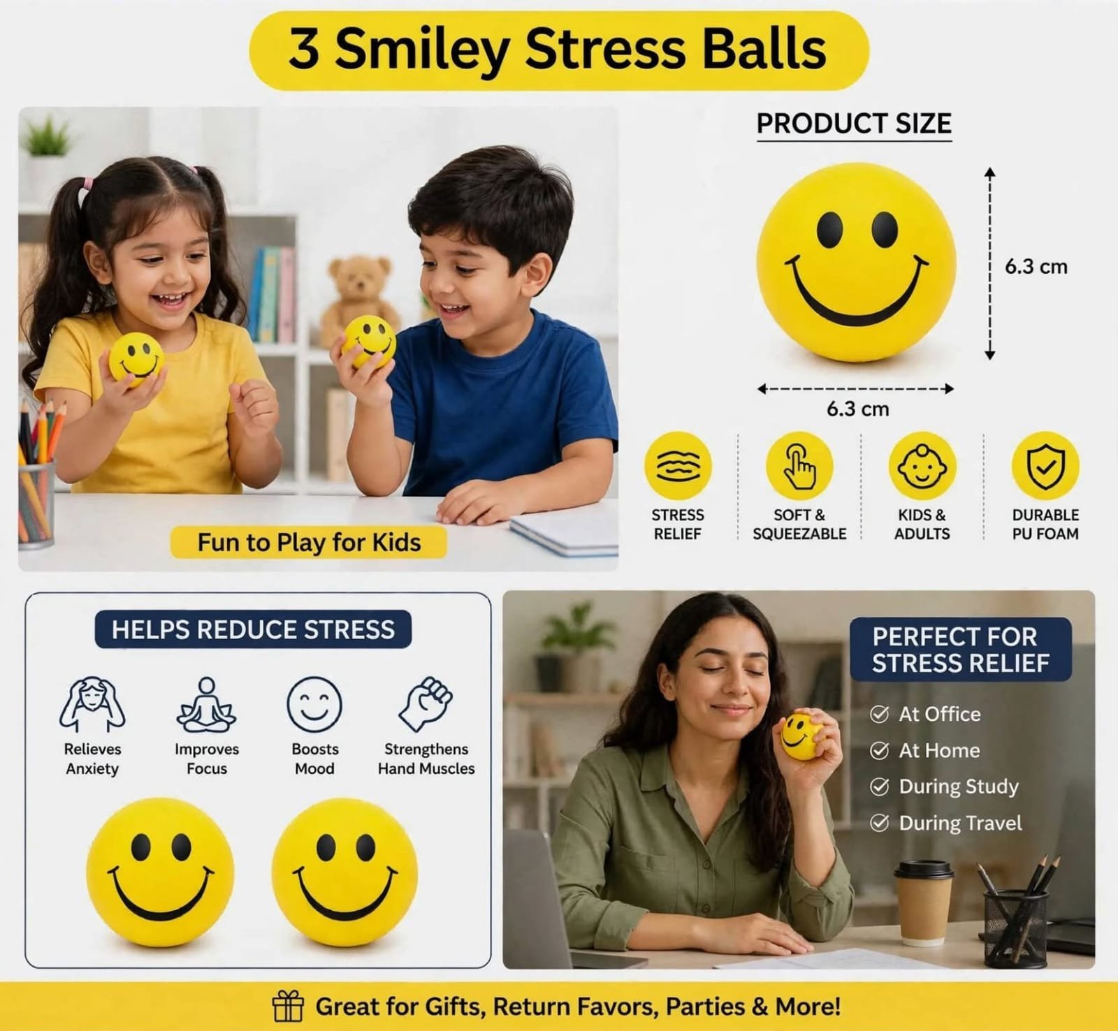 3 Smiley Stress Balls - Yellow Smiley Face Squeeze Balls for Stress, Anxiety, Anger Relief | Soft & Durable PU Foam Balls for Kids, Office, Party Return Gifts - Image 2