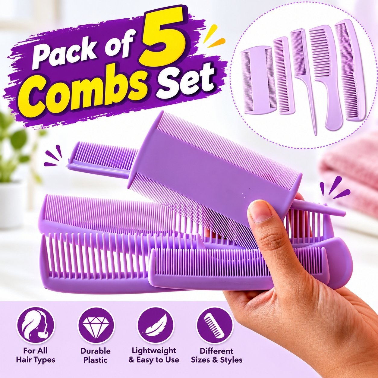 Pack of 5 purple plastic hair combs set