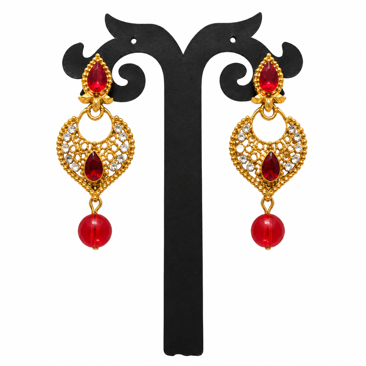 Red Stoned Golden Design Earring - Image 1