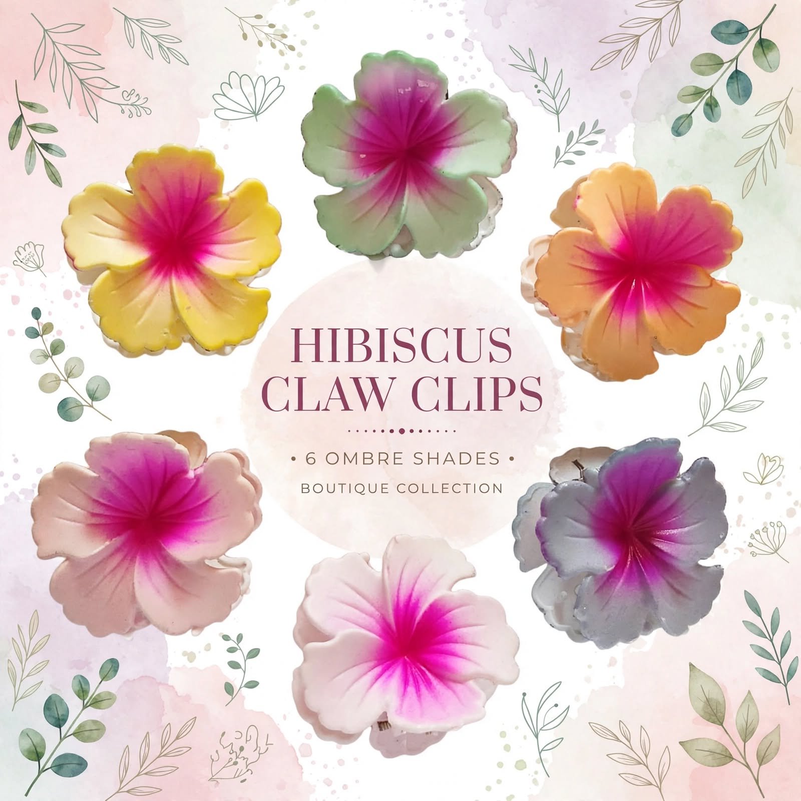 Hibiscus Flower Hair Claw Clips 6Pcs Set - Image 1
